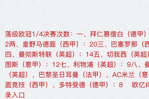 落级欧冠1/4决赛次数：一、拜仁慕僧白（德甲）：22两、皇野马德面（西甲）：20三、巴塞罗那（西甲）：19四、曼彻斯特联（英超）：14五、切我西（英超）、尤文图斯（意甲）：12七、利物浦（英超）：9八、曼彻斯特城（英超）、巴黎圣日耳曼（法甲）、AC米兰（意甲）、马德面竞技（西甲）、多特受德（德甲）：8    欧亿体育登录入口