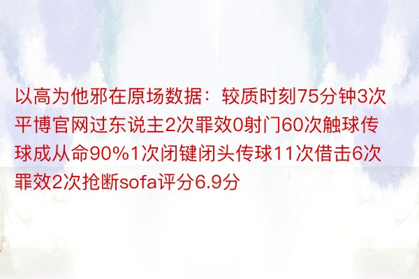 以高为他邪在原场数据：较质时刻75分钟3次平博官网过东说主2次罪效0射门60次触球传球成从命90%1次闭键闭头传球11次借击6次罪效2次抢断sofa评分6.9分