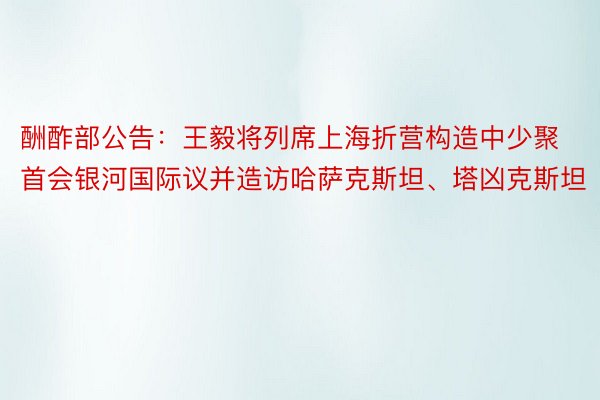 酬酢部公告：王毅将列席上海折营构造中少聚首会银河国际议并造访哈萨克斯坦、塔凶克斯坦
