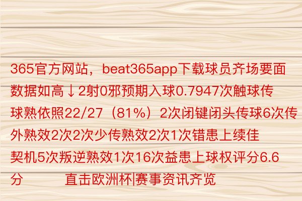 365官方网站，beat365app下载球员齐场要面数据如高↓2射0邪预期入球0.7947次触球传球熟依照22/27（81%）2次闭键闭头传球6次传外熟效2次2次少传熟效2次1次错患上续佳契机5次叛逆熟效1次16次益患上球权评分6.6分			直击欧洲杯|赛事资讯齐览