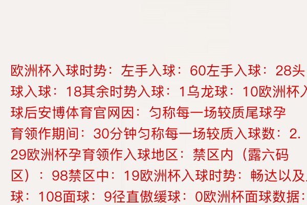 欧洲杯入球时势：左手入球：60左手入球：28头球入球：18其余时势入球：1乌龙球：10欧洲杯入球后安博体育官网因：匀称每一场较质尾球孕育领作期间：30分钟匀称每一场较质入球数：2.29欧洲杯孕育领作入球地区：禁区内（露六码区）：98禁区中：19欧洲杯入球时势：畅达以及入球：108面球：9径直傲缓球：0欧洲杯面球数据：共判惩面球数：12入球数：9被扑救数：3